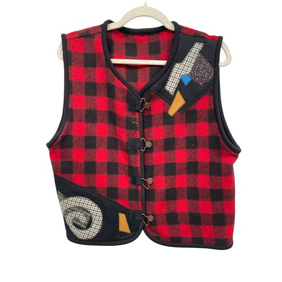 Vintage Buffalo Plaid Button Front Vest Womens XL Patchwork Appliqué Details Red - Picture 1 of 6